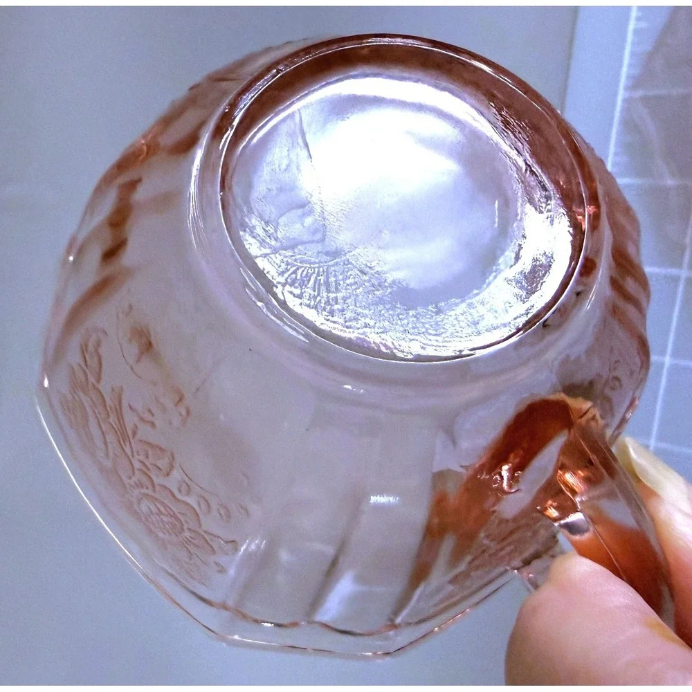 Anchor Hocking Mayfair Open Rose Cup, 2 Saucers Pink Depression Glass 1930s